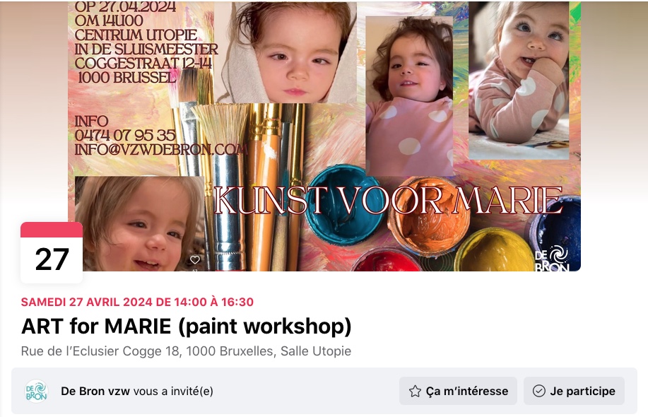 Bannière Facebook. Kunst voor Marie (paint workshop). Événement de De Bron vzw, Julianna Pakhomova et Tatiana Roumiantseva. 2024-04-27